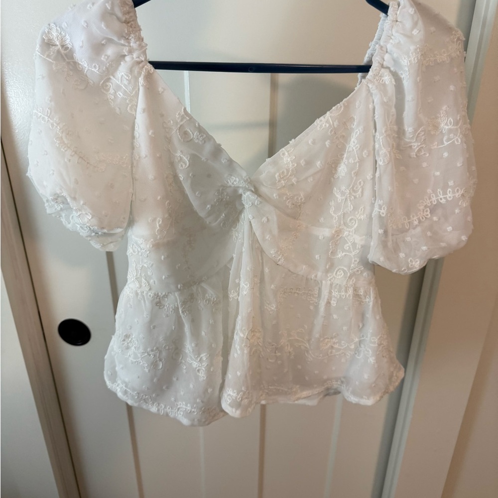 Pink Lily White Lace Puff Sleeve Blouse